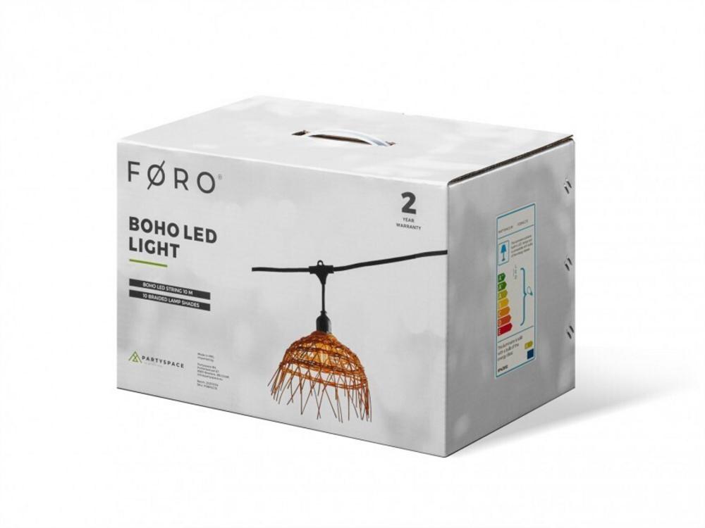 Føro Boho Lichterkette Warmweiß - Set von 10 m mit 10 LED-Lampen und 10 geflochtene Lampenschirme